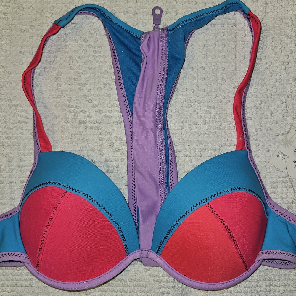 Tini Bikini Blue And Coral Racerback Bikini Top Medium